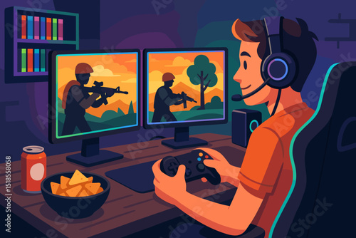 Young gamer enjoys playing multiplayer shooting games at home in the evening with snacks and drinks on the table