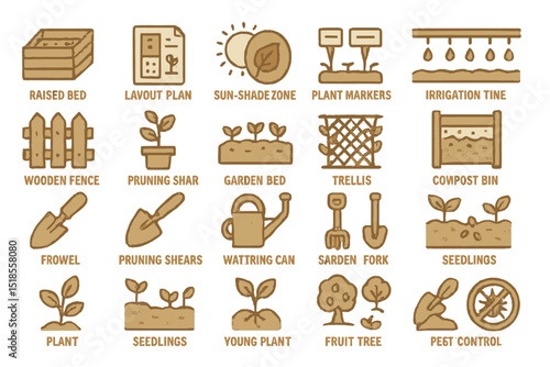 Gardening essentials illustrated in a clear and detailed design for outdoor cultivation and plant care