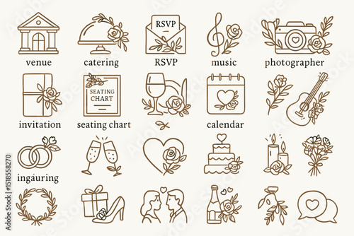 Elegant wedding planning illustrations featuring venue, invitations, and decorations for a celebration