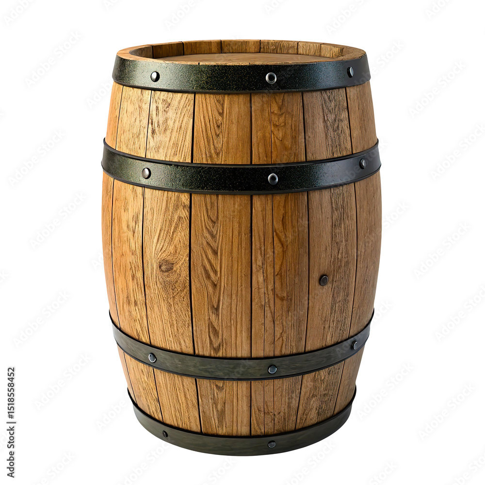Fototapeta premium Wooden Barrel with Metal Bands Isolated on Transparent Background