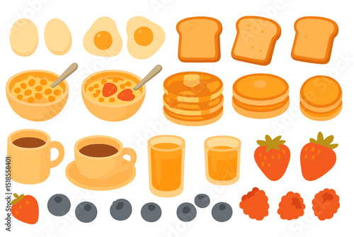Breakfast spread with eggs, pancakes, fruits, and beverages displayed in a colorful arrangement