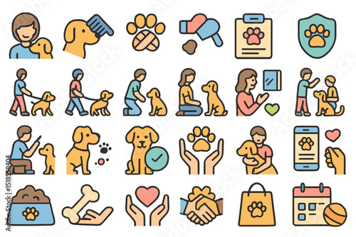 Dog care icons depicting grooming, training, and health activities in a colorful and engaging style
