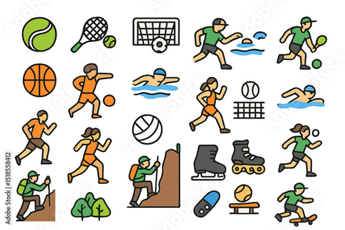 Sports icons collection featuring various activities such as tennis, basketball, swimming, and hiking in a vibrant design
