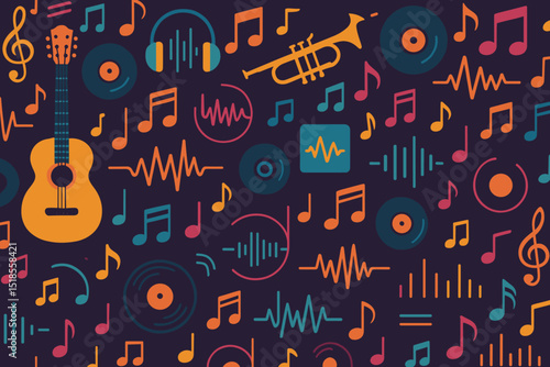 Vibrant musical pattern featuring guitars, records, and notes in a lively design suitable for music lovers
