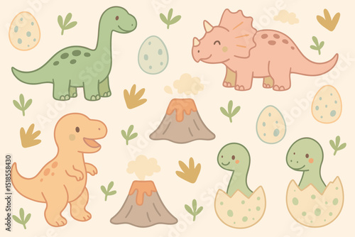 Dinosaurs exploring a prehistoric landscape with volcanoes, eggs, and ferns, creating a playful and colorful scene