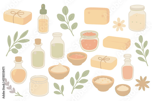 Variety of natural ingredients and containers displayed on a light background showcasing organic beauty products