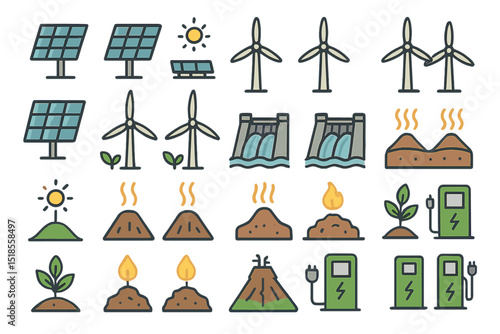 Illustrating renewable energy sources with solar panels, wind turbines, hydropower, and geothermal elements in a colorful graphic