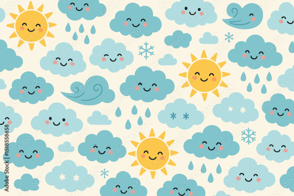 Colorful weather patterns featuring smiling clouds, sun, and expressions in a cheerful design suitable for children?s decor Colorful weather patterns featuring smiling clouds, sun, and expressions in a cheerful design suitable for children?s decor