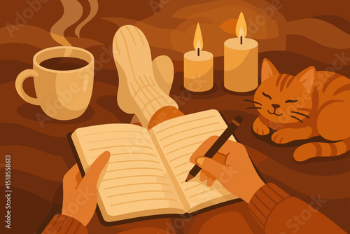 Cozy evening routine with tea, candles, and a cat while journaling in a warm, relaxed setting