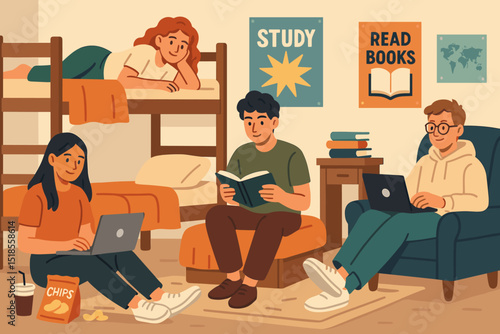 Young adults engaged in study session in cozy room with bunk beds and books around during daytime