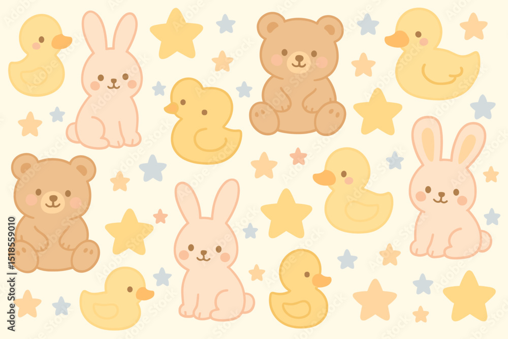 Cute animal patterns featuring bunnies, bears, and ducks in pastel colors arranged playfully on a soft background for children's decor Cute animal patterns featuring bunnies, bears, and ducks in pastel colors arranged playfully on a soft background for children's decor
