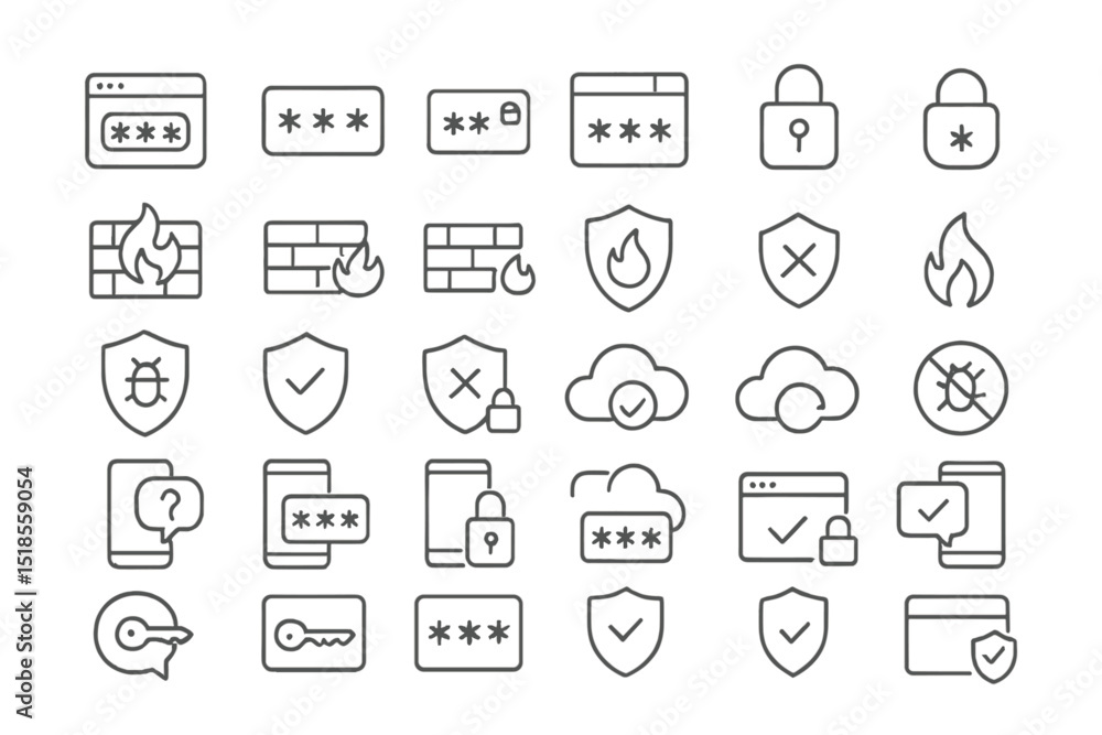 Collection of security icons representing digital protection symbols and concepts for online safety Collection of security icons representing digital protection symbols and concepts for online safety