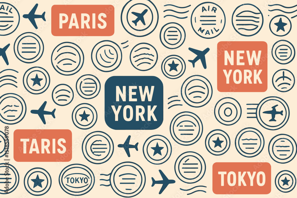 Obraz premium Travel-themed design featuring city names and airline motifs in a playful collage format