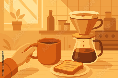 Morning coffee preparation with freshly brewed coffee and toast in a cozy kitchen setting during daylight