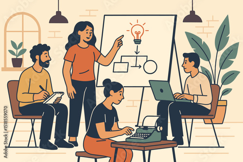 Team brainstorming session in a modern workspace with lightbulb ideas and collaborative tools