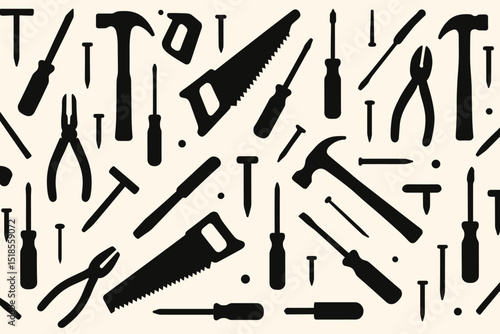 Different types of hand tools including hammers, pliers, and saws arranged in a creative pattern on a light background
