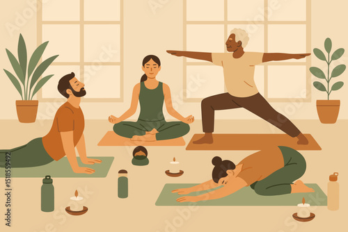 Diverse group practicing yoga indoors with mats and candles