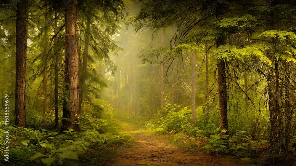 Obraz premium Enchanted forest path with sun rays