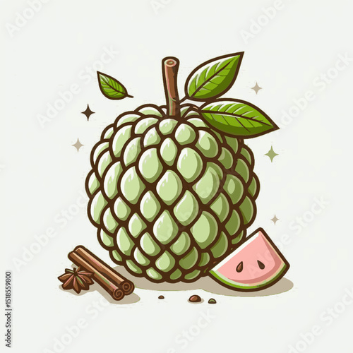 An illustration of a custard apple with leaves cinnamon star anise and a slice against a white background