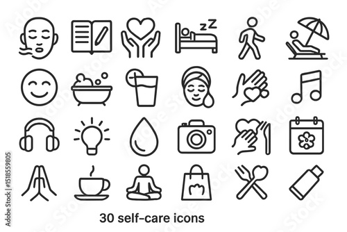 Self-care icons representing relaxation, wellness, and mindfulness activities for maintaining well-being and personal health