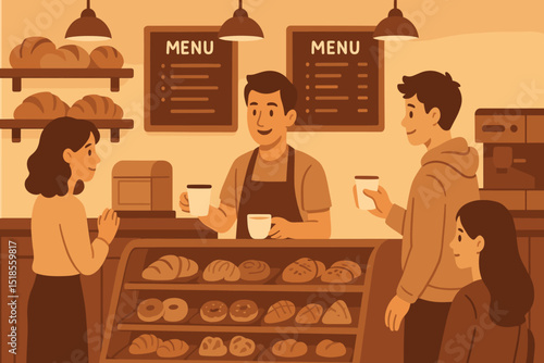 Warm bakery scene with barista serving customers coffee and pastries
