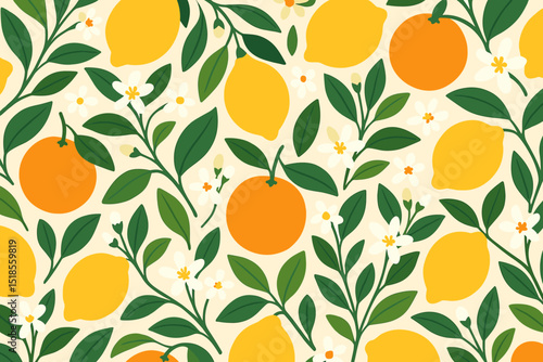 Colorful citrus fruit and flower seamless pattern with lemons and oranges