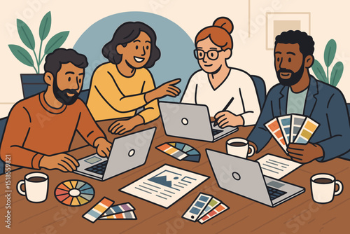 Team of designers collaborating with laptops and color swatches