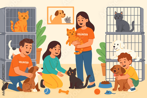 Volunteers and families interacting with cats and dogs at animal shelter