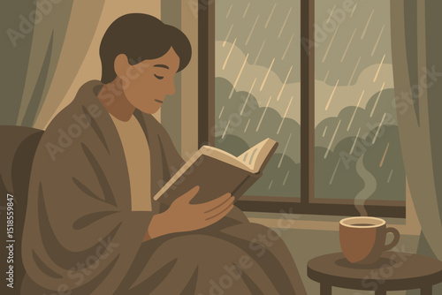Man reading book by rainy window with a blanket and hot drink