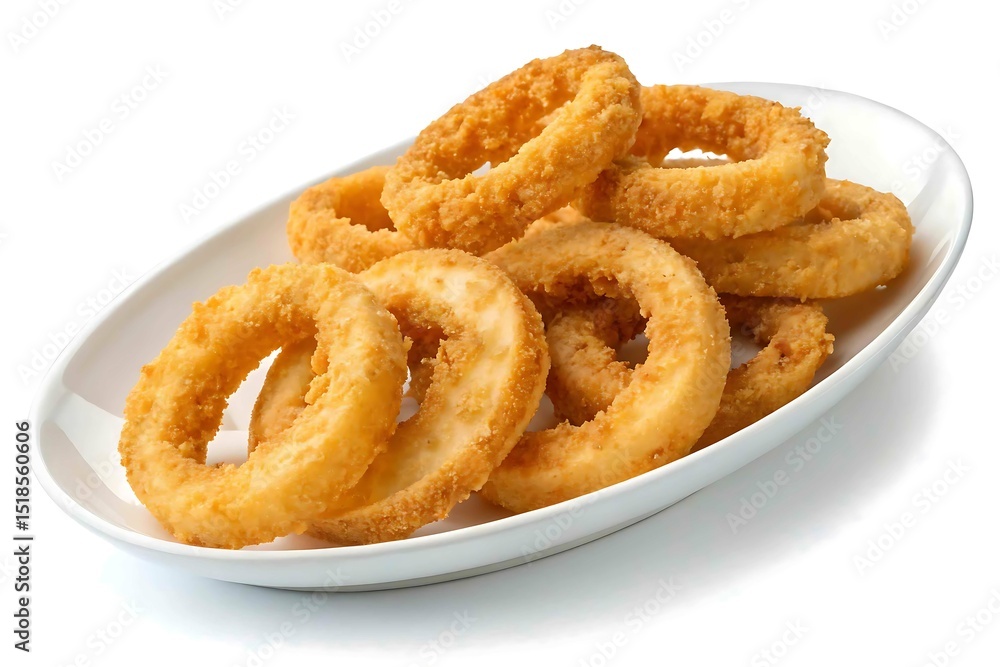 Crispy fried onion rings on plate isolated on white background Crispy fried onion rings on plate isolated on white background