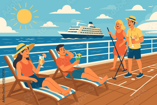 Sunny day on a cruise ship with friends relaxing and enjoying drinks by the pool