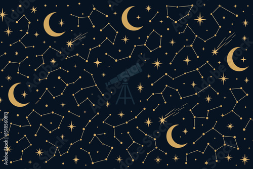 Exploring the night sky with constellations, moons, and a telescope under a starry backdrop