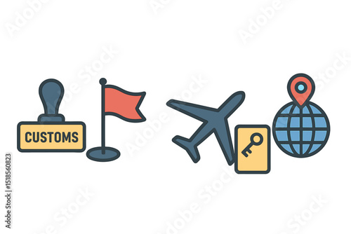 Symbols representing customs, travel and exploration in a creative design showcasing an airport theme