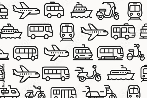 Various modes of transportation illustrated in simple line art, showcasing travel options including land, air, and water vehicles