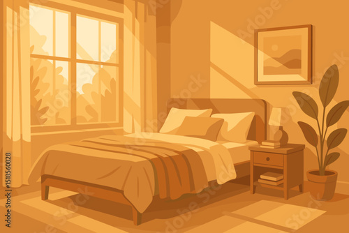Cozy bedroom with warm sunlight streaming through large windows in a peaceful, calming setting