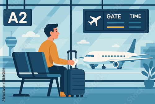 Waiting at the airport gate for a flight to depart in a modern terminal with large windows and bright daylight