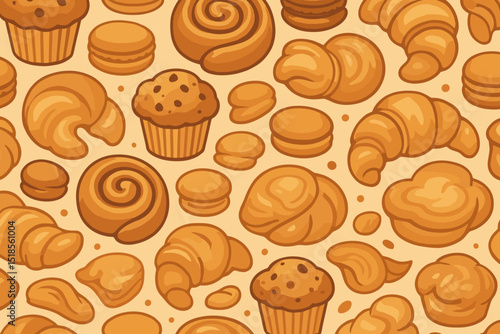 Various baked goods displayed in a charming pattern featuring croissants, muffins, and other pastries
