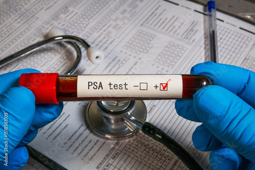 Doctor holding test tube with psa test result and stethoscope on medical form