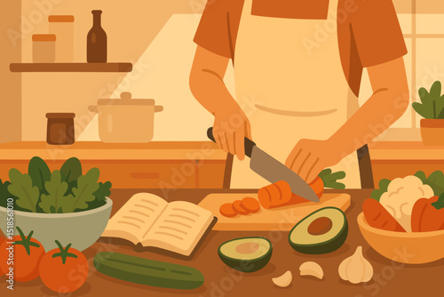 Cooking in a cozy kitchen with fresh ingredients and a recipe book on a sunny afternoon