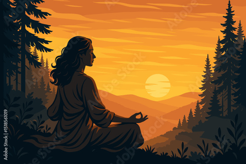 Woman meditating in nature at sunset in a serene mountain landscape
