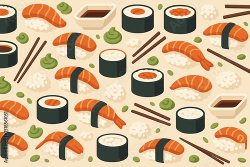 Colorful variety of sushi and sashimi displayed on a light background for a vibrant culinary experience