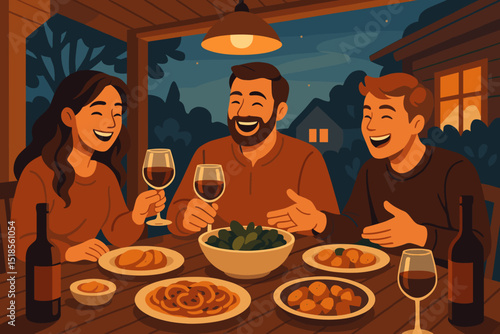 Friends enjoying a cozy evening gathering with food and drinks under warm lights at a countryside home