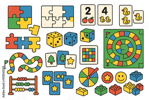 Colorful collection of educational toys and games used for interactive learning in a playful environment