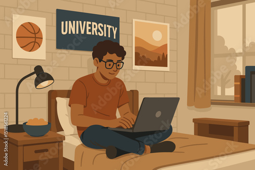 Student studying on a laptop in a cozy university dormitory room during the evening