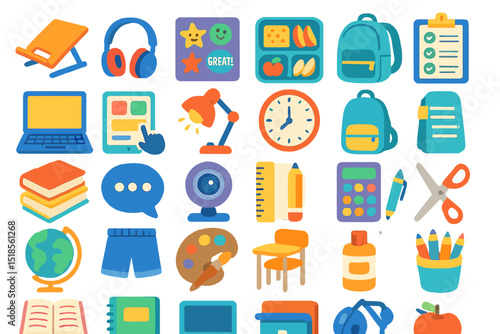 Collection of colorful school and office icons illustrating various tools and items for learning and productivity