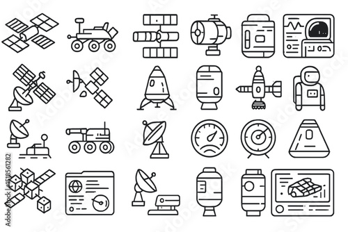 Various icons depicting space exploration, satellites, and astronauts in a simple line art style