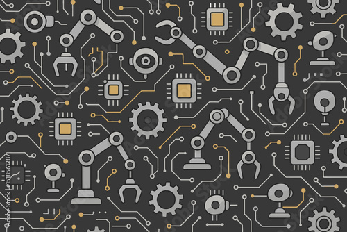 Intricate pattern of robotic arms and circuit designs showcasing technology and automation in a modern digital landscape