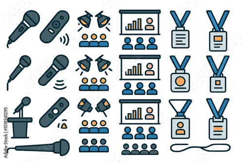 Various elements representing public speaking, awards, presentations, and audience engagement in a creative style
