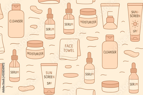 Various skincare products and accessories arranged on a light background showcasing a cleansing and moisturizing routine