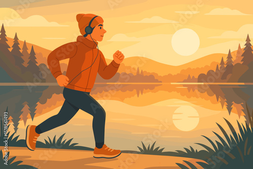 Running along a serene lake at sunset while listening to music in the cool evening air